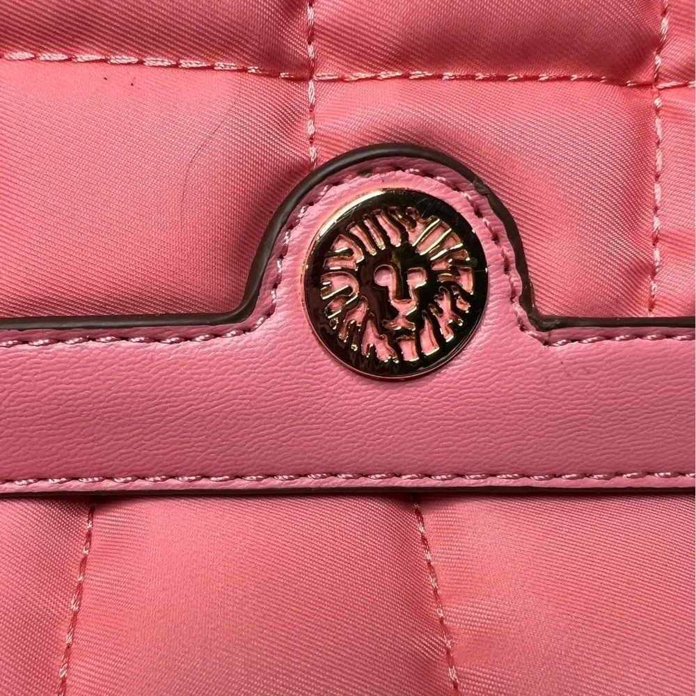 Anne Klein Pink Quilted Nylon Bag Gold Lion Logo  - Striped Crossbody Strap